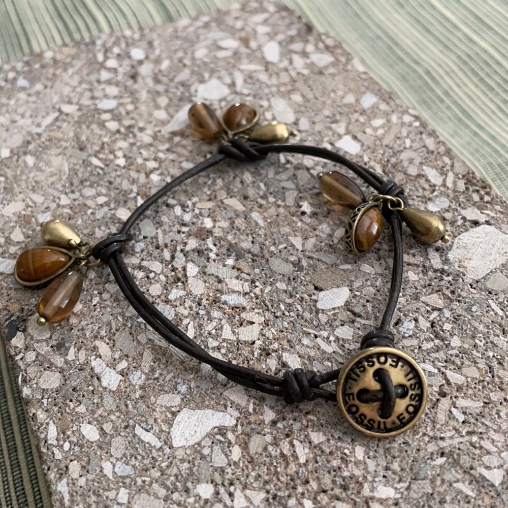 🤎 FOSSIL NWOT Leather Tiger’s Eye Brass bracelet